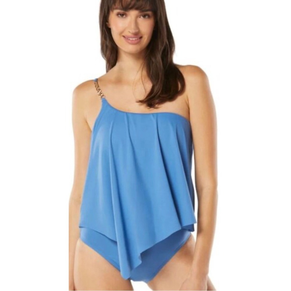 Michael Kors Solids Logo Chain One Shoulder Tankini Set Tide Blue Size M New